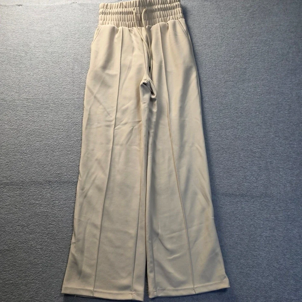 Jogger Pants Womens Small Beige Drawstring Lounge Athleisure Straight Leg